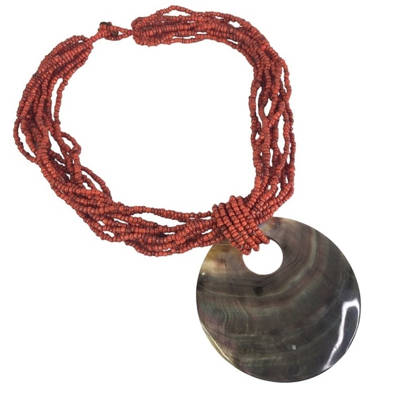 Vintage Abalone Shell & Red Seed Bead Necklace Artisan Multi-Strand Tropical - Picture 2 of 7